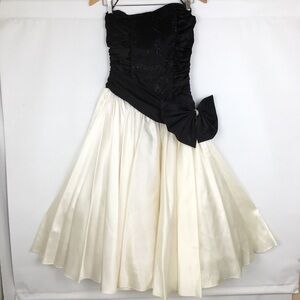 Vintage 80’s Satin Prom Dress Strapless Black Smocked Lace Bodice White Shirt